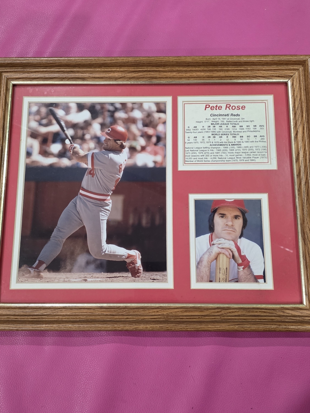 Pete Rose Framed Photo Collage W Career Totals & Achievements